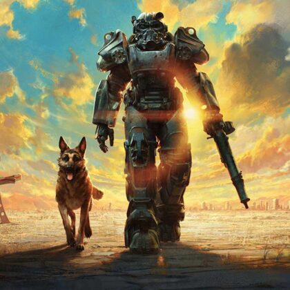 fallout 4 anniversary edition artwork dogmeat protagonist walking near red rocket station sunset wasteland