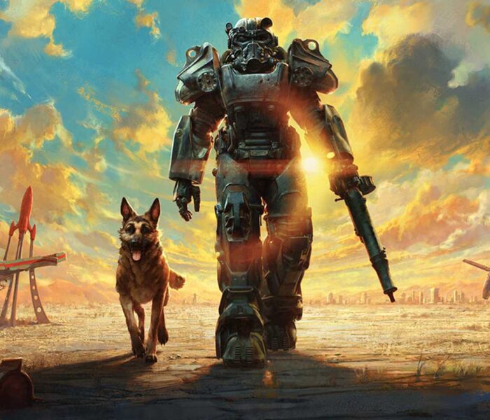 fallout 4 anniversary edition artwork dogmeat protagonist walking near red rocket station sunset wasteland